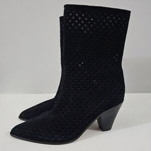 Paige Layla Mid Calf Boot Womens 9 Black Suede Laser Cut Heeled Pointed Toe
